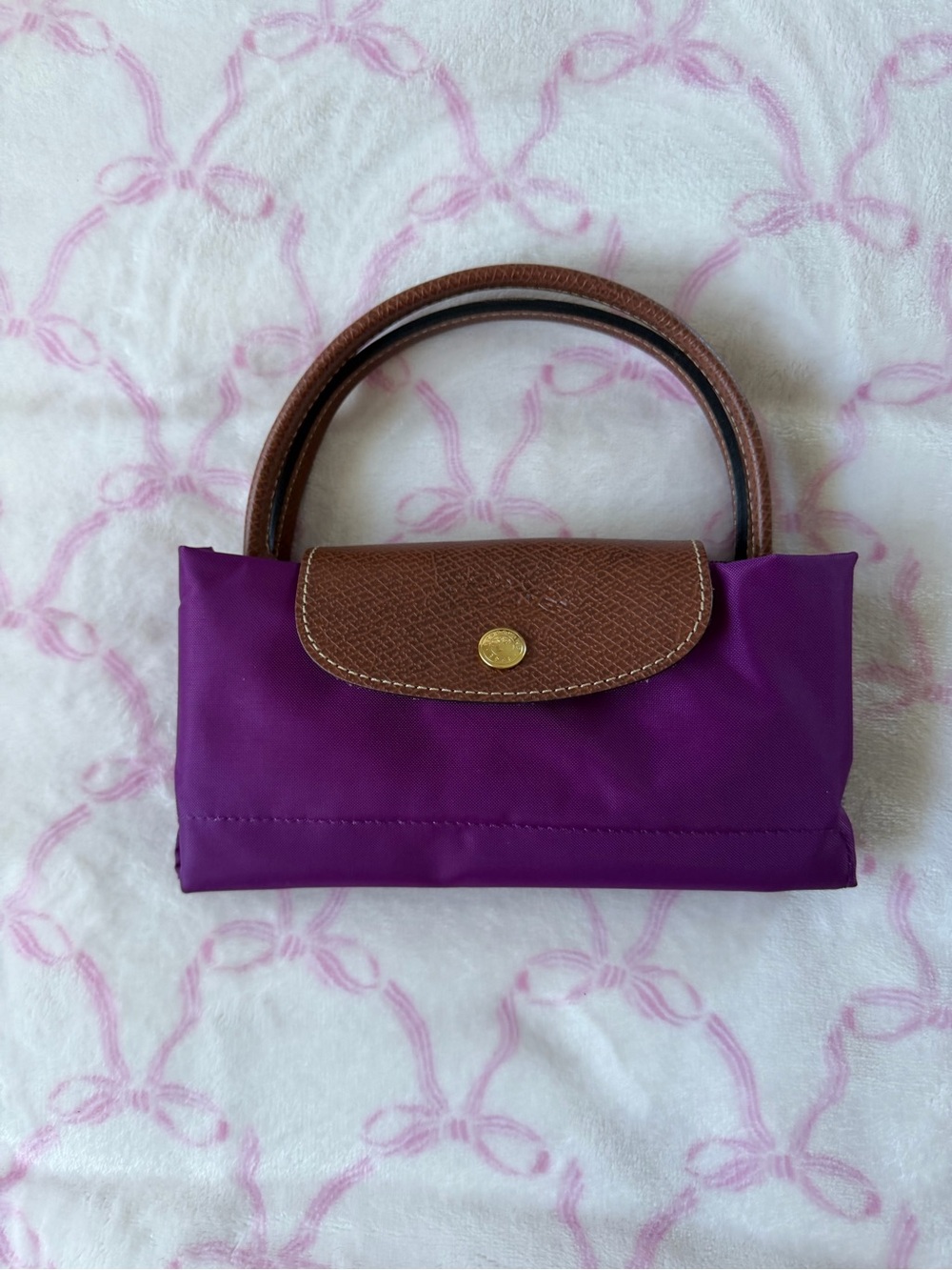 Longchamp Purple Nylon Mini Top-Handle Bag with Brown Leather Trim
